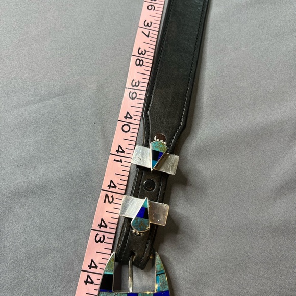 Vintage Navajo Yazzie Sterling silver turquoise & lapis belt caballo leather - Picture 10 of 16